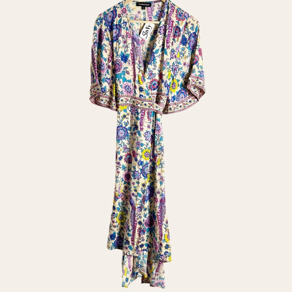 Fashion Fuse Cream Floral Bird Print Short Sleeve Wrap Midi Dress Size Small